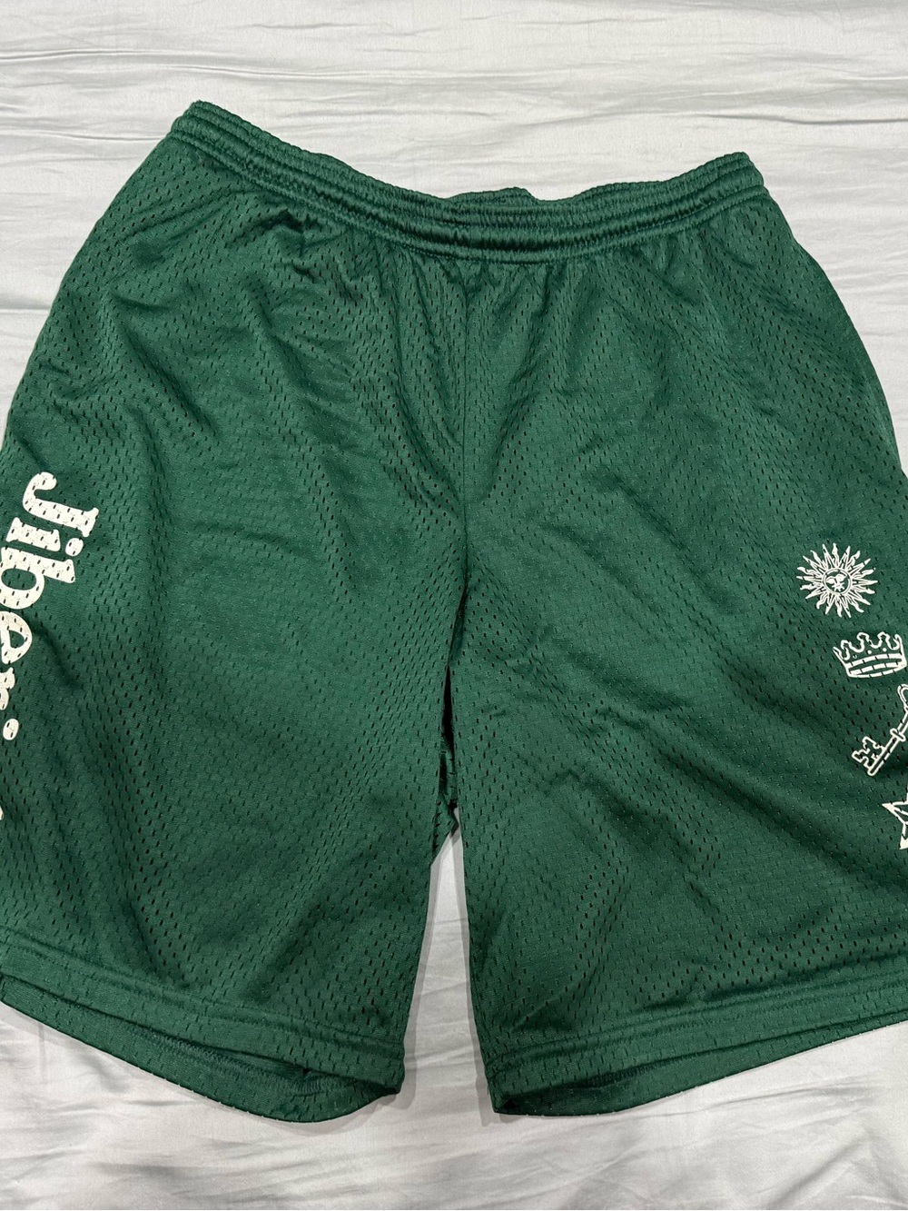 Men's Green Mesh Athletic Shorts with White Graphics